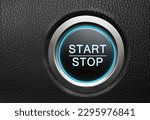 Engine Start Stop button on modern car. Black leather dashboard copy space
