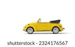 Small photo of Model of yellow retro toy car cabriolet on a white background. Miniature car side view
