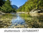 Small photo of A river is a natural flowing watercourse that typically starts from a source, such as a mountain or a spring, and meanders its way through landscapes