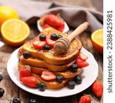 Small photo of French Toast Day, November 28 Calendar of November effect, making French toast, National Toast Day, French toast food vector illustration, with strawberry, celebration French, bread with taste honey