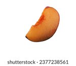 Small photo of Slice of a smooth-skinned, sappy, purple plum fruit without kernel isolated on white background with copy space for text or images. Clipping path. Side view. Close-up shot.
