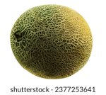 Small photo of Delicious, sappy cantaloupe melon isolated on white background with copy space for text or images. Pumpkin plant family. Side view. Close-up shot.