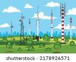 Communication towers on nature landscape. Wireless antennas cellular wifi radio station broadcasting internet channel receiver with on blue sky