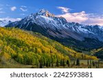 Small photo of The last light of the setting sun hits the crags atop Mount Sneffels, with a mostly golden grove of quaking aspens below, in the San Juan Mountains near Ridgway, Colorado.