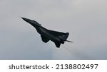 Small photo of Zeltweg Austria SEPTEMBER, 2, 2016 High-performance fighter aircraft rises to altitude at maximum speed. Mikoyan MiG-29 Fulcrum of Polish Air Force. Copy space for news title