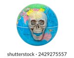 Small photo of Earth Globe with a skull superimposed where you can see Asia and Australia: concept of the end of the world. The skull symbolizes the calamities and catastrophes that will lead to the end of the world