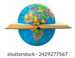 Small photo of Earth globe divided by a book where you see Africa and Europe: concept of division and war. The open book symbolizes the cultures that divide the world and cause discord, dissension and wars.