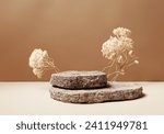 Small photo of Luxury Brown stone marble pedestal Podium decoration with dried flower Over Beige Background. elegant backdrop product showcases and sophisticated designs for Skin care and cosmetic Exhibition .