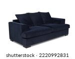 Dark blue soft suede sofa with pillows on white isolated background
