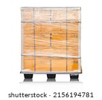 Small photo of Packaging Boxes Stacked Wrapped Plastic with L-shape Pallet Corrugated Paper Cardboard Angle Corner Edge Protector. Isolated on White. Supply Chain. Cargo Shipment. Shipping Warehouse Logistics.