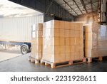 Packaging Boxes Wrapped Plastic on Pallets Loading into Cargo Container. Distribution Supplies Warehouse. Shipping Trucks. Supply Chain Shipment Boxes. Freight Truck Transport Logistics.	