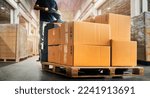 Small photo of Workers Unloading Packaging Boxes on Pallet in Warehouse. Electric Forklift Loader. Cartons Cardboard Boxes. Supplies Shipping Warehouse. Supply Chain Shipment Goods. Distribution Warehouse Logistics