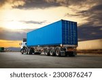 Semi Trailer Truck Driving on Highway Road. Shipping Container Trucks. Commercial Truck Transport. Delivery Express. Diesel Trucks. Lorry Tractor. Freight Trucks Logistics, Cargo Transport