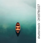 Small photo of Solitary Canoe on Tranquil Waters - Nature and Serenity A Wooden Canoe Floating on Calm and Reflective Waters