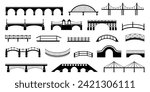 Black bridges silhouettes. Isolated bridge icons, urban architecture constructions elements. Transportation and city logistic, decent vector set