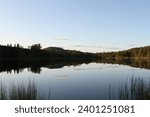 Swedish lake by sunset with reflections in the forest
