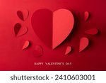 Red paper hearts on red background, Valentines day card.
