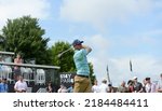 Small photo of BEDMINSTER,NJ-JULY 28,2022: Bryson DeChambeau watches his shot down the 1st Tee fairway at the start of the LIV Pro-Am held at the Trump National Golf Club in Bedminster,NJ.