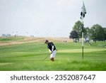 Small photo of BEDMINSTER,NJ-AUGUST 12, 2023: Sergio Garcia watches his shot during the LIV Golf Tournament held at the Trump National Golf Club in Bedminster,NJ.