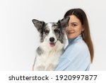 The dog jumped in and is sitting with its owner in her arms. Young adult girl. Border Collie dog in shades of white and black, and long and fine hair. An excellent herding dog.