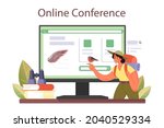 Ornithologist online service or platform. Zoologist research studying birds, naturalist working with bird. Online conference. Flat vector illustration