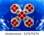 Small photo of Space spaceship rocket vehicle bottom belly panoramic view of rocket jet engine exhaust nozzle with deep blue sky abstract creative blur space travel exploration theme background