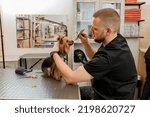 Professional male groomer making haircut of Yorkshire Terrier dog at grooming salon with professional equipment 