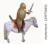 Small photo of The cat knight in a helmet with feathers holds a sword and a shield on a war horse. White background.