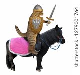 Small photo of The cat knight in a helmet holds a sword and a shield with the coat of arms on a black war horse. White background.