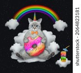 Small photo of An ashen cat unicorn with a donut sits on a cloud chair under a rainbow at night.