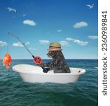 Small photo of A gray cat fisher with a fishing rod drifts in the bathtub in the sea.