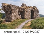 Small photo of Old brick. Castle ruins. Castle ruins in summer time. Old life ruins. Ancient times. Ruins of Medieval Castle. Tourist places in Ireland. Tourism in Ireland.