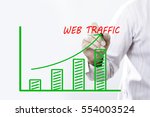 Businessman hand writing Web Traffic graph  with red marker on transparent wipe board, business concept.