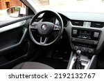 Small photo of Vinnytsia, Ukraine; August 21, 2022. Skoda Octavia A5 driver seat. New Skoda Octavia A5 steering wheel. Skoda Octavia A5 dashboard. Skoda Octavia A5 interior.