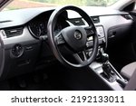 Small photo of Vinnytsia, Ukraine; August 21, 2022. Skoda Octavia A5 driver seat. New Skoda Octavia A5 steering wheel. Skoda Octavia A5 dashboard. Skoda Octavia A5 interior.