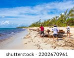 Small photo of Playa del Carmen Mexico 18. August 2021 Cleaning the beach with wheelbarrow pitchfork Garden Rake Leaf Broom and a lot of very disgusting red seaweed sargazo at tropical Playa del Carmen Mexico.
