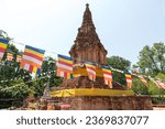 Small photo of Sharpen focus on the flag, Blurred focus on Phra That Nong Sam Muen is a pagoda with twelve-indented wood corners is located in Wat Phra That Nong Sam Muen, Phu Khiao district, Chaiyaphum, Thailand.