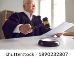 Small photo of Stern judge with paper document pronouncing sentence in a court of law. Judge finds the accused guilty, passes judgement and rules case closed. Hand holding gavel and hitting sound block in close-up