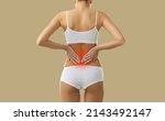 Small photo of Rear view of unwell woman in underwear suffer from backache. Acute pain in lower spine. Female struggle with spasm or ache in back or having kidney stones symptom. Healthcare concept.