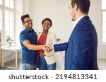 Small photo of Black couple shaking hands with loan broker. Happy family meeting with realtor or real estate agency representative to establish good, successful partnership relations and confirm future