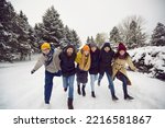 Company of cheerful young women and men have fun together on vacation in winter forest. Smiling friends in winter casual clothes embracing running on snow looking at camera. Friends and winter concept