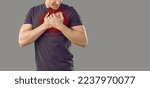Small photo of Wide banner shot of sick man touch chest have heart attack. Unhealthy guy struggle with thorax ache. Pain in left upper body part. Myocardial infarction or coronary hemorrhage. Healthcare concept.