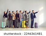 Small photo of Group of people with suitcases going on business trips or holidays, standing in line at the airport, waving hands, and saying goodbye to their friends and family. Traveling by plane concept