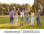 Small photo of Team unity. Portrait of cheerful friendly multiracial friends holding hands standing in row in summer park. Men and women stand with arms raised and smiling at camera. Cohesion concept.