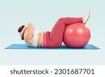 Small photo of Fat woman having fitness workout. Side view overweight woman in sports clothes isolated on light blue background lying on rubber mat on floor and doing crunches exercise with her legs on red fit ball