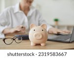 Small photo of Piggy bank in form of pig on background of financial advisor who plans annual budget. Close up of piggy bank on table. Business, finance, investment, saving and corruption concept.