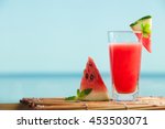 Fresh watermelon juice with mint, lemonade. Healthy drink for summer with vitamins, suits for vegetarian. 