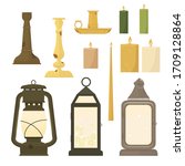 Collection of candles in candlesticks and old vintage oil lampson a white background. Cartoon style. Vector illustration.