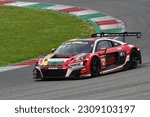 Small photo of Scarperia, 23 March 2023: Audi R8 LMS GT3 EVO I of Team Juta Racing driven by Jablonskis-Navickas-Gelunas-Brazaitis in action during 12h Hankook Race at Mugello Circuit in Italy.