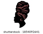 Black woman Silhouette. African American girl  in a head wrap and with an earring.  Beautiful girl profile. Decorated with hand written text.  Vector clipart isolated on white. 